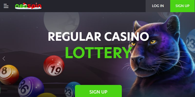 Screenshot of the Neospin Casino game lobby interface showing slot machines and promotional banners